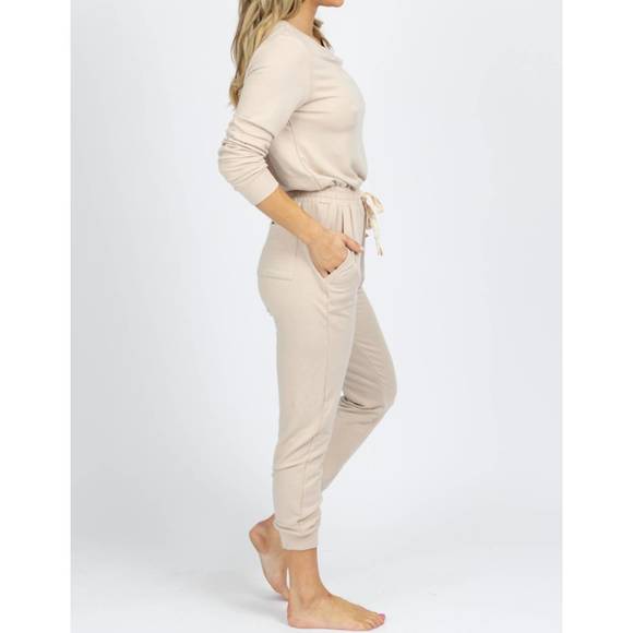 NEW FATE BY LFD butter soft drawstring jumpsuit in taupe - Picture 5 of 6